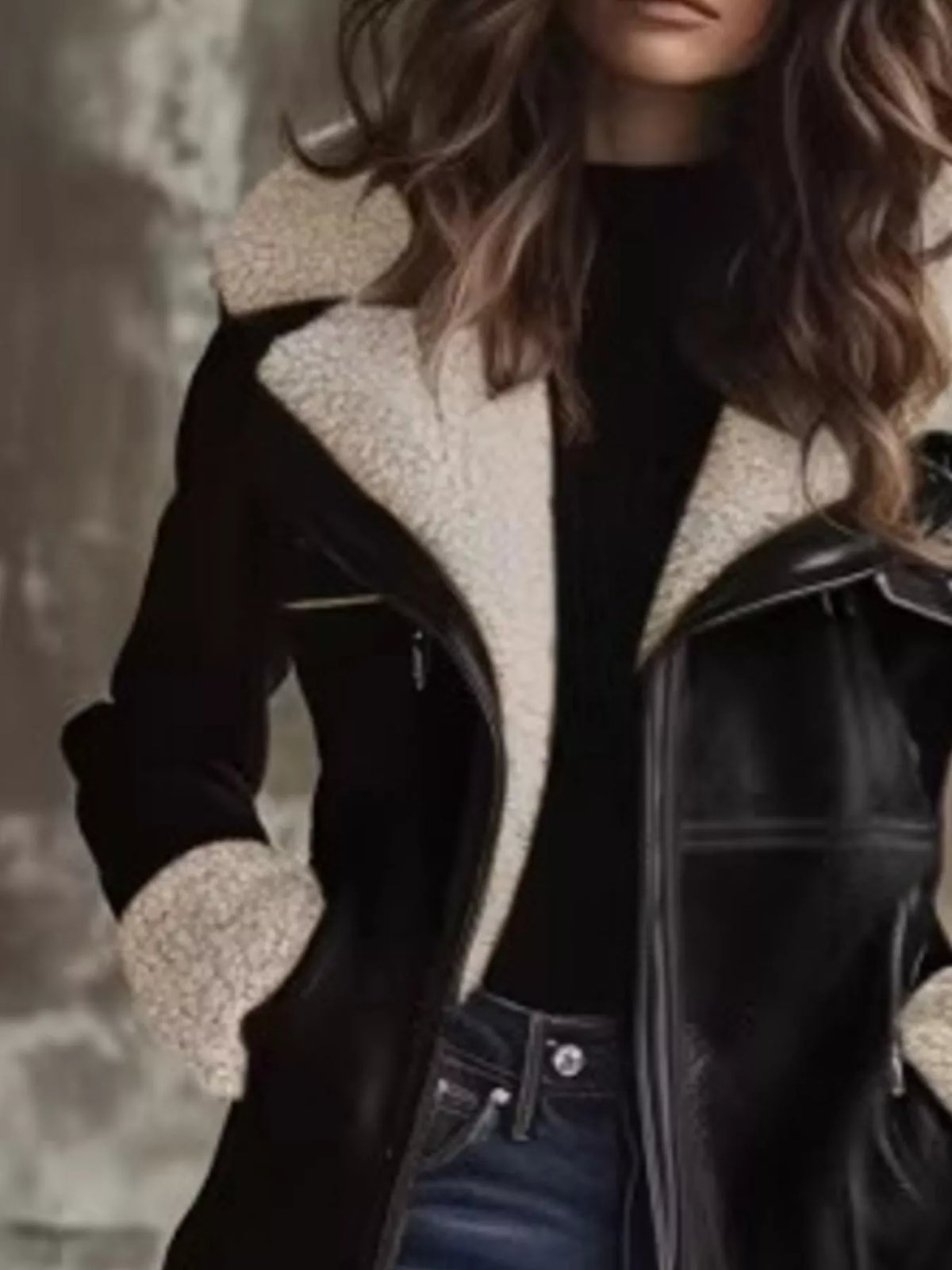 zip up sherpa leather outerwear – pocketed,zipper | dropsona - neutral - size reference