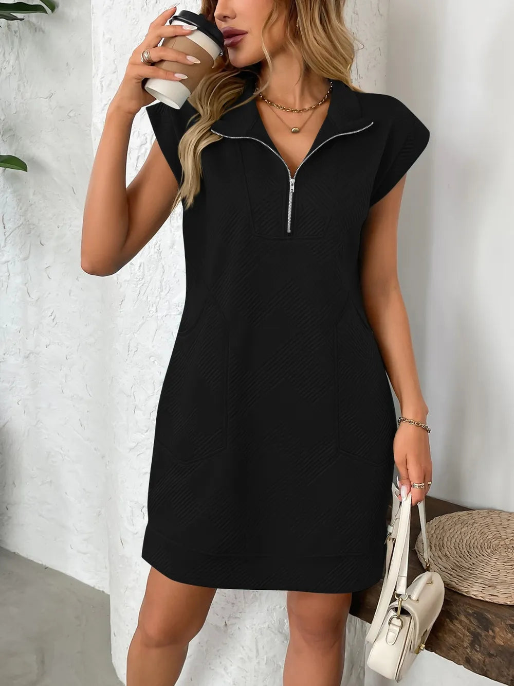 texture half zip cap sleeve mini dress - size reference