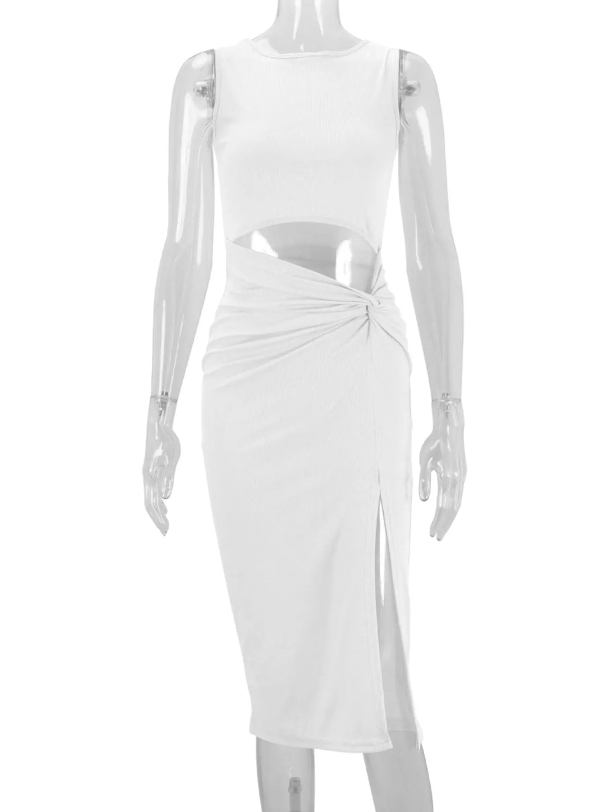 sleeveless cut-out ruched high-slit bodycon dress | dropsona - neutral - size reference