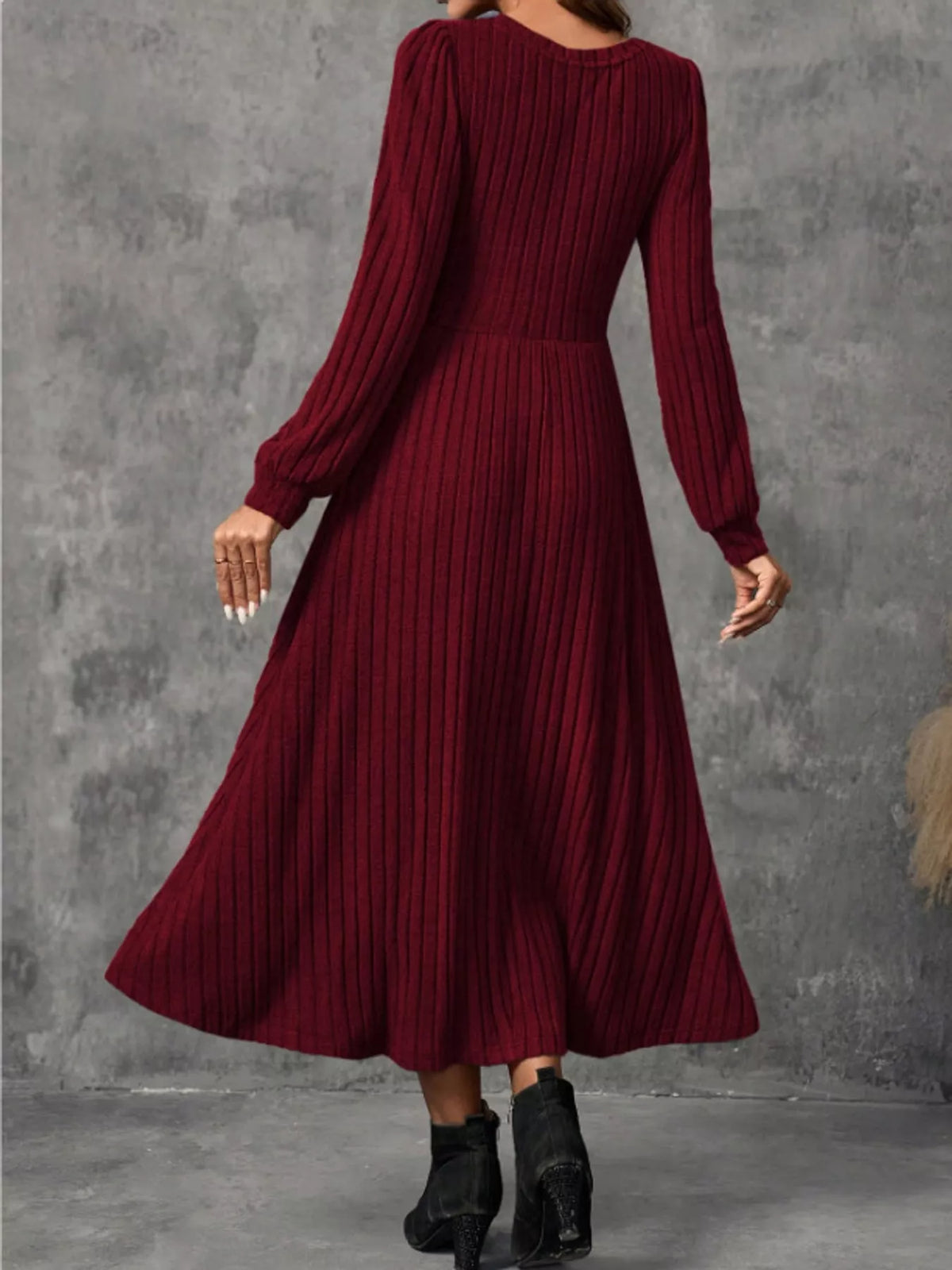 ribbed knit long sleeve a-line midi dress – | dropsona - neutral - packaging