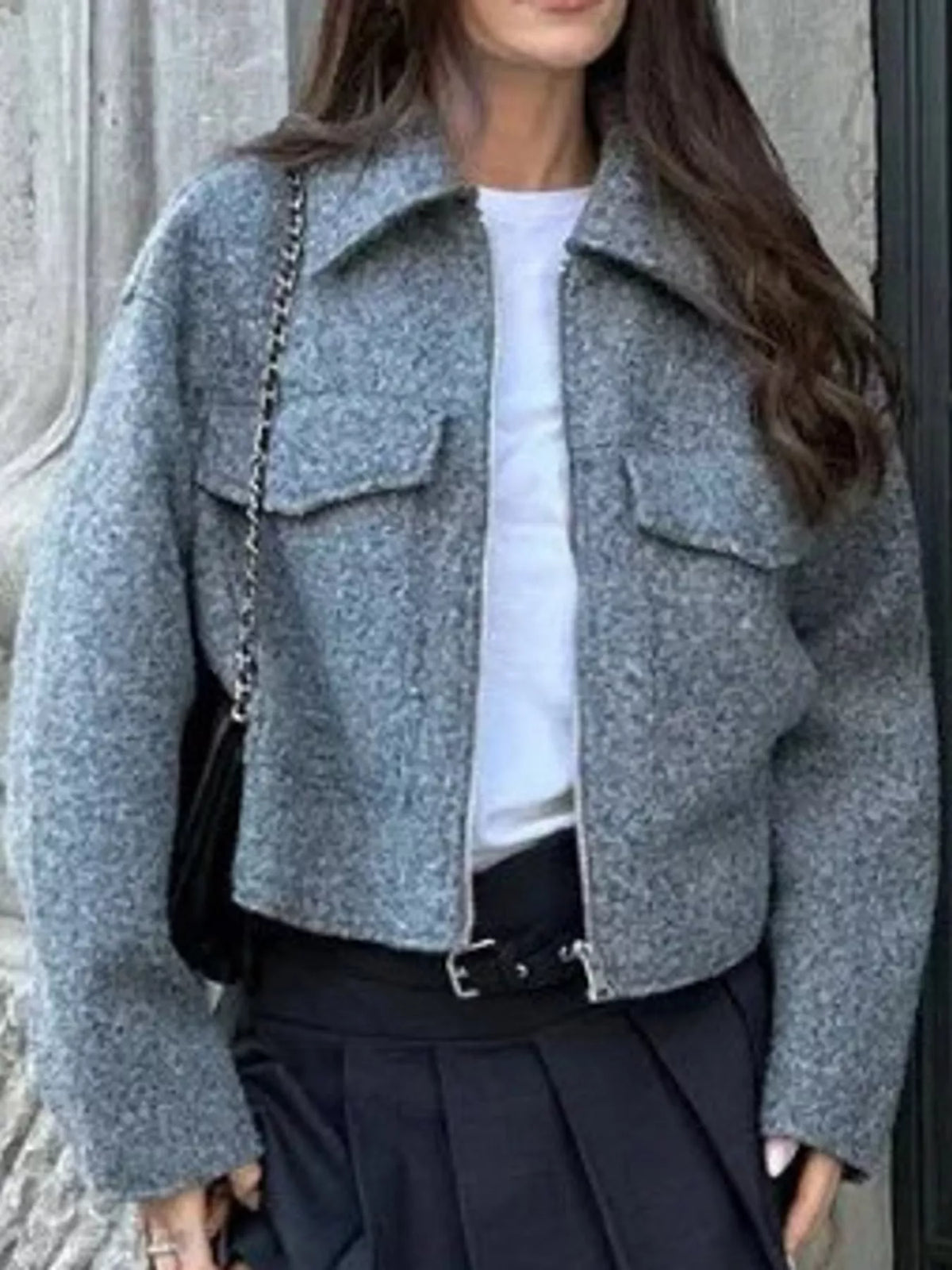 zip up cropped jacket – zipper,pocketed fit | dropsona - neutral - size reference