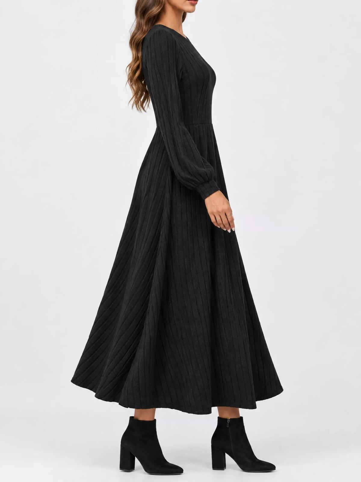 ribbed knit long sleeve a-line midi dress – | dropsona - neutral - material texture