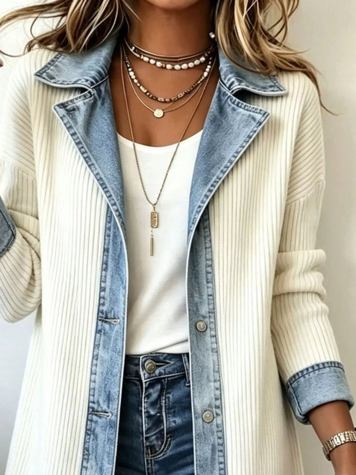 full size denim-trimmed ribbed knit longline cardigan | dropsona - neutral - close-up detail