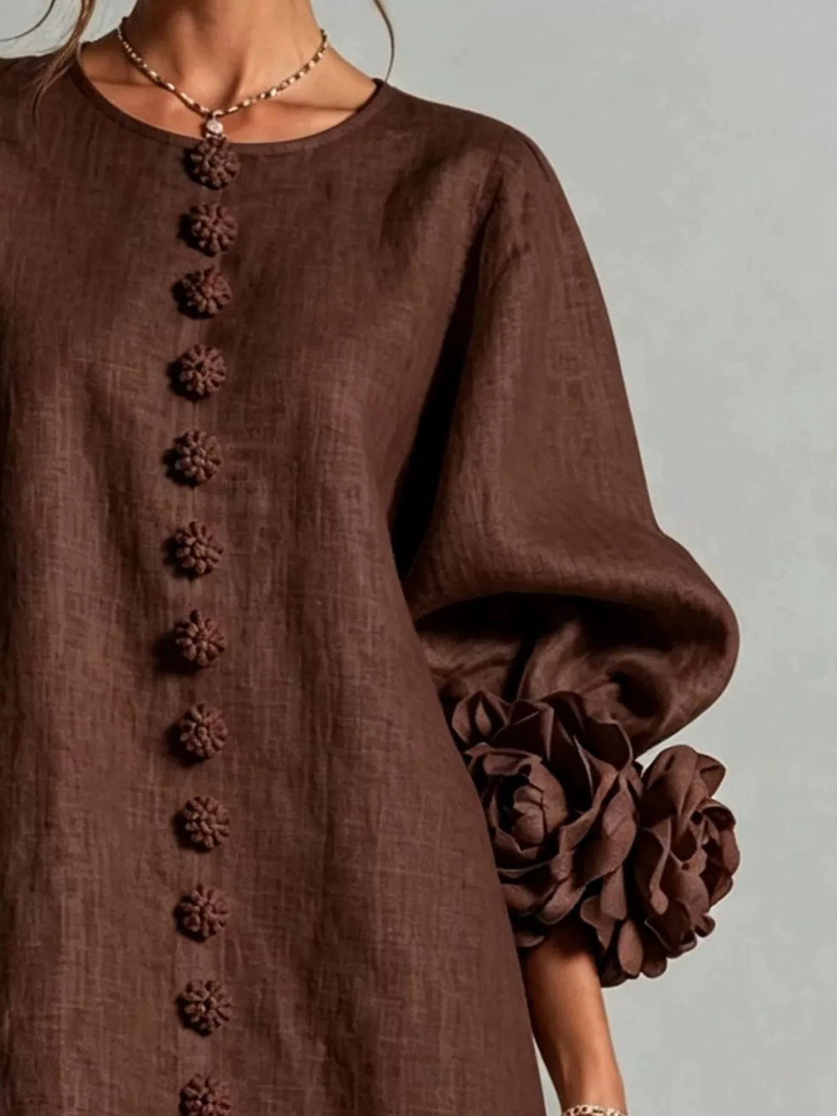 full size 3d floral sleeve round neck dress plus | dropsona - neutral - close-up detail