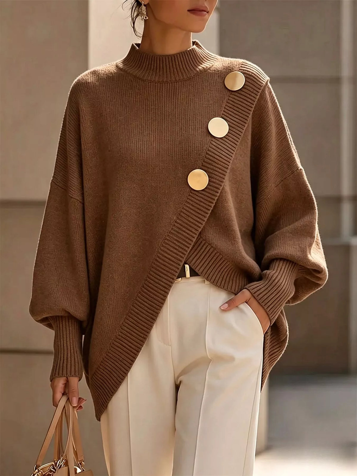 asymmetric button-decorated sweater | dropsona - neutral - packaging