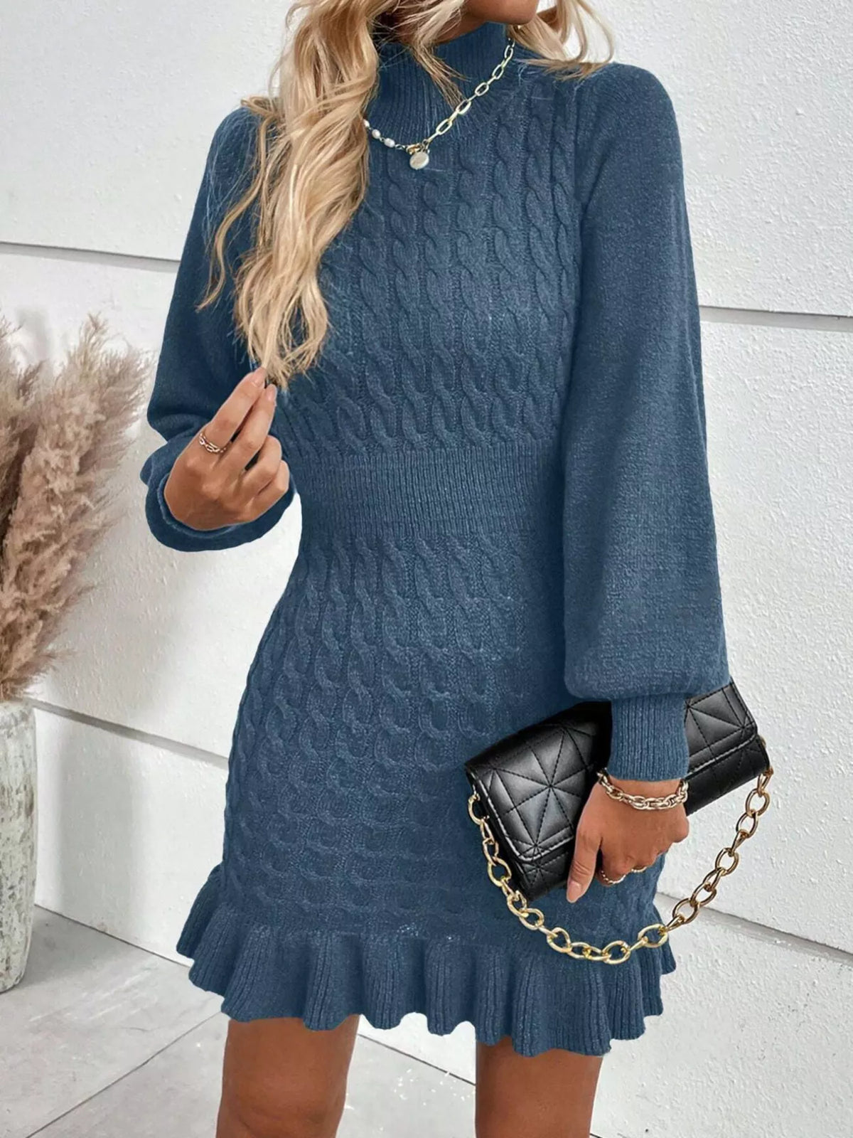 cable knit mock neck ruffle hem sweater dress | dropsona - neutral - close-up detail