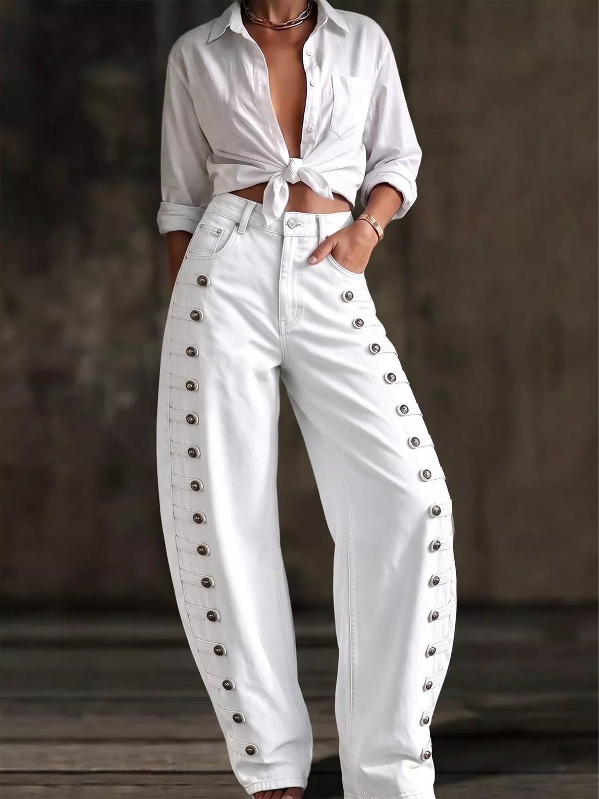 decorative button wide leg jeans – buttoned,pocketed | dropsona - neutral - size reference