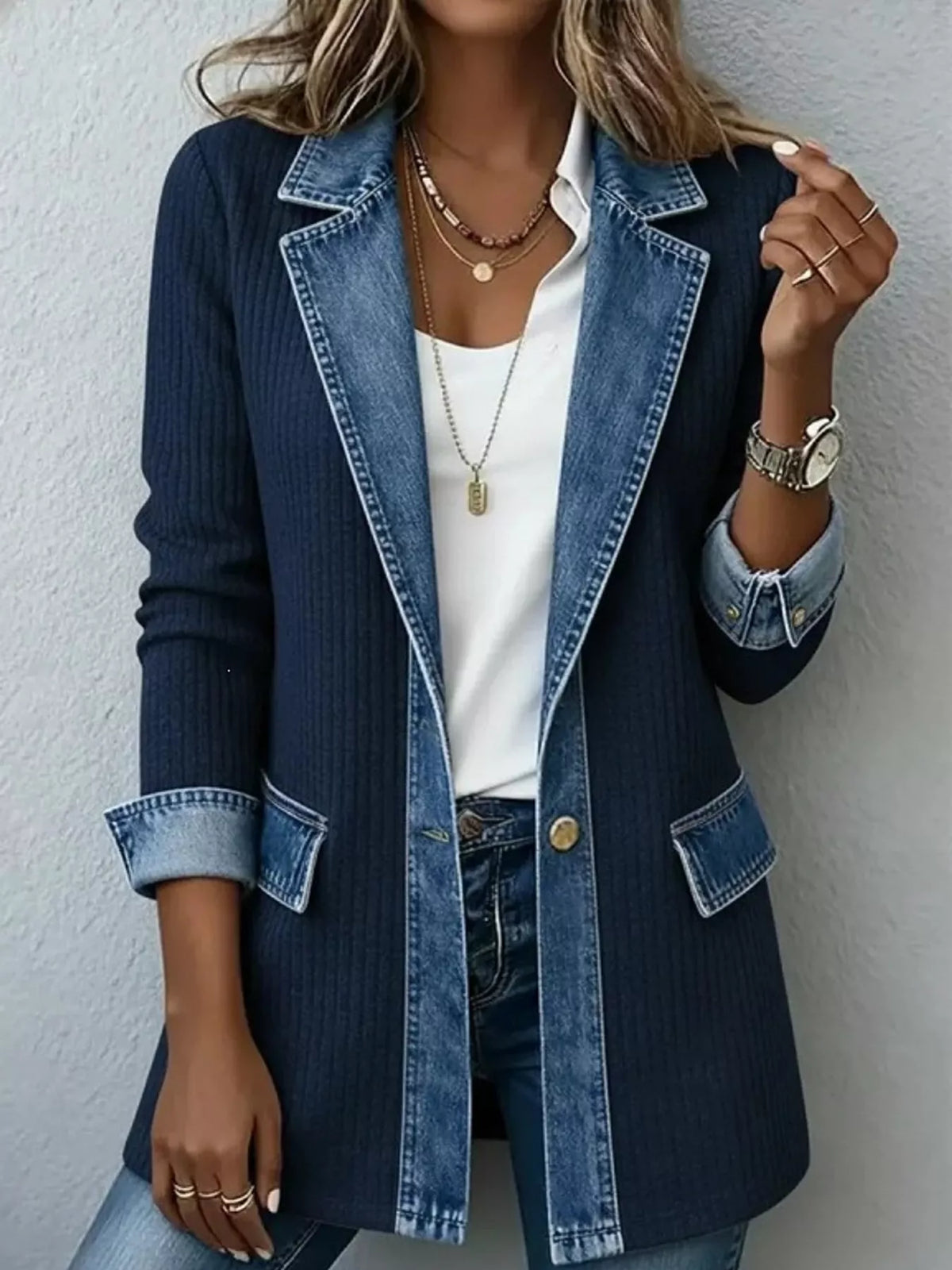 full size denim trim ribbed knit cardigan plus | dropsona - neutral - close-up detail
