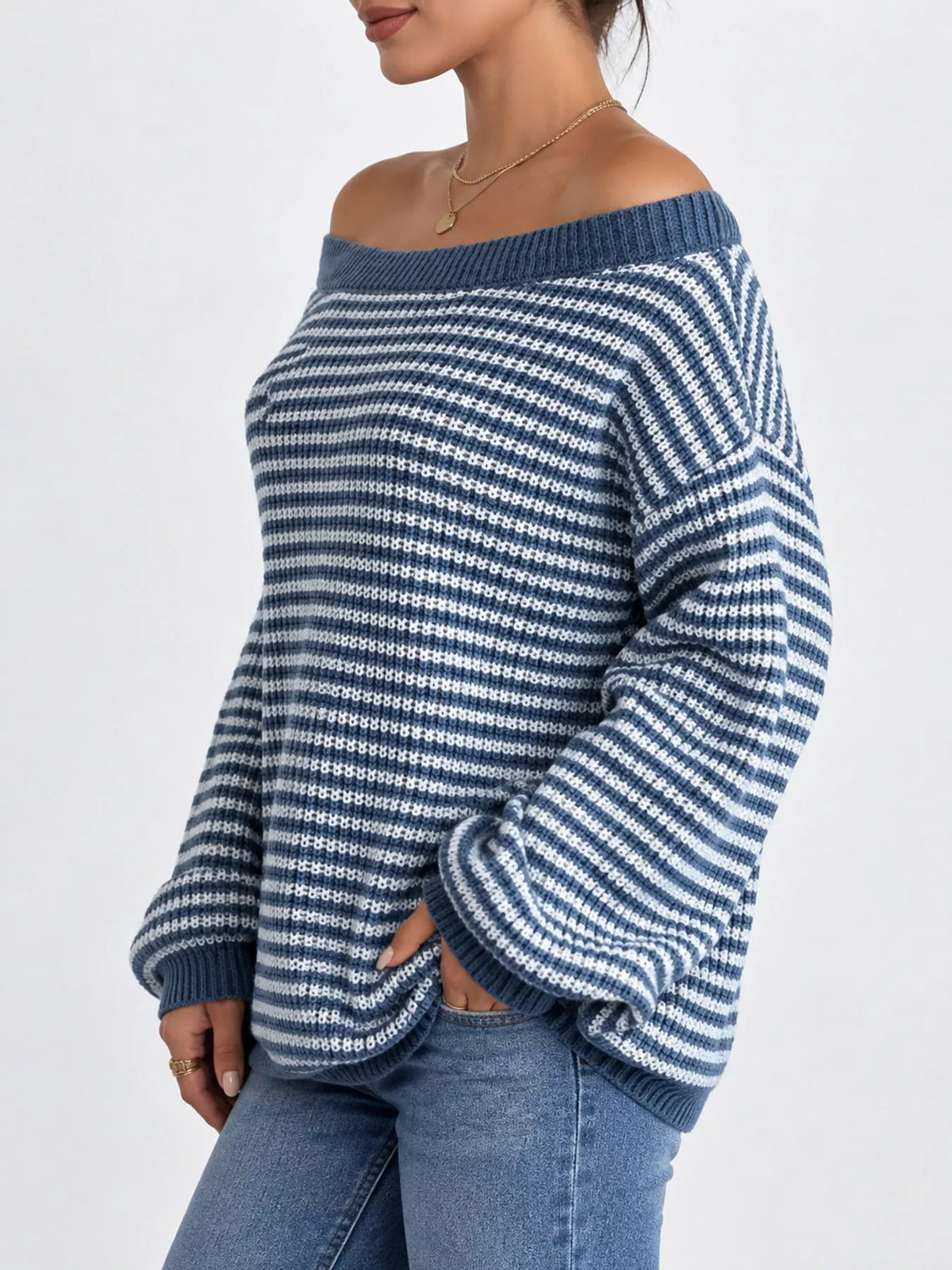striped knit boat neck sweater – oversized,ribbed fit | dropsona - neutral - close-up detail