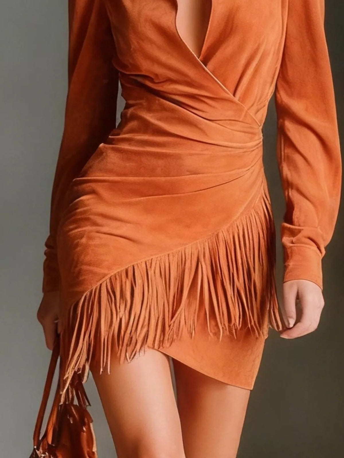 fringed long sleeve mini dress – ruched,fringe | dropsona - neutral - packaging