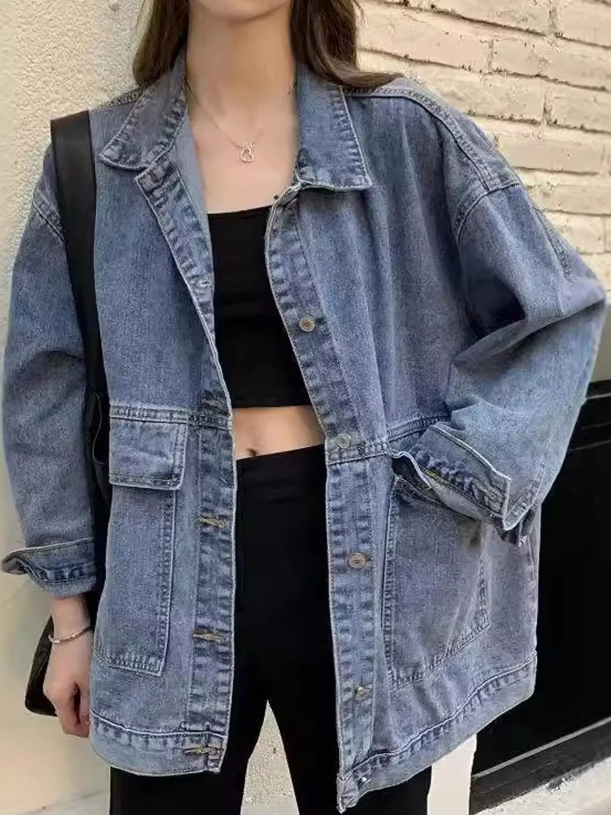oversized wash denim jacket with utility pockets | dropsona - neutral - size reference