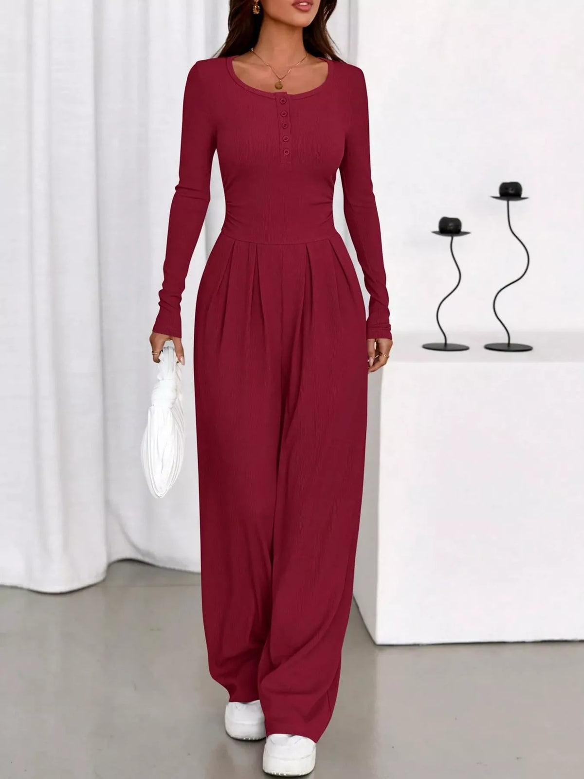 long sleeve ribbed knit wide leg jumpsuit | dropsona - neutral - material texture