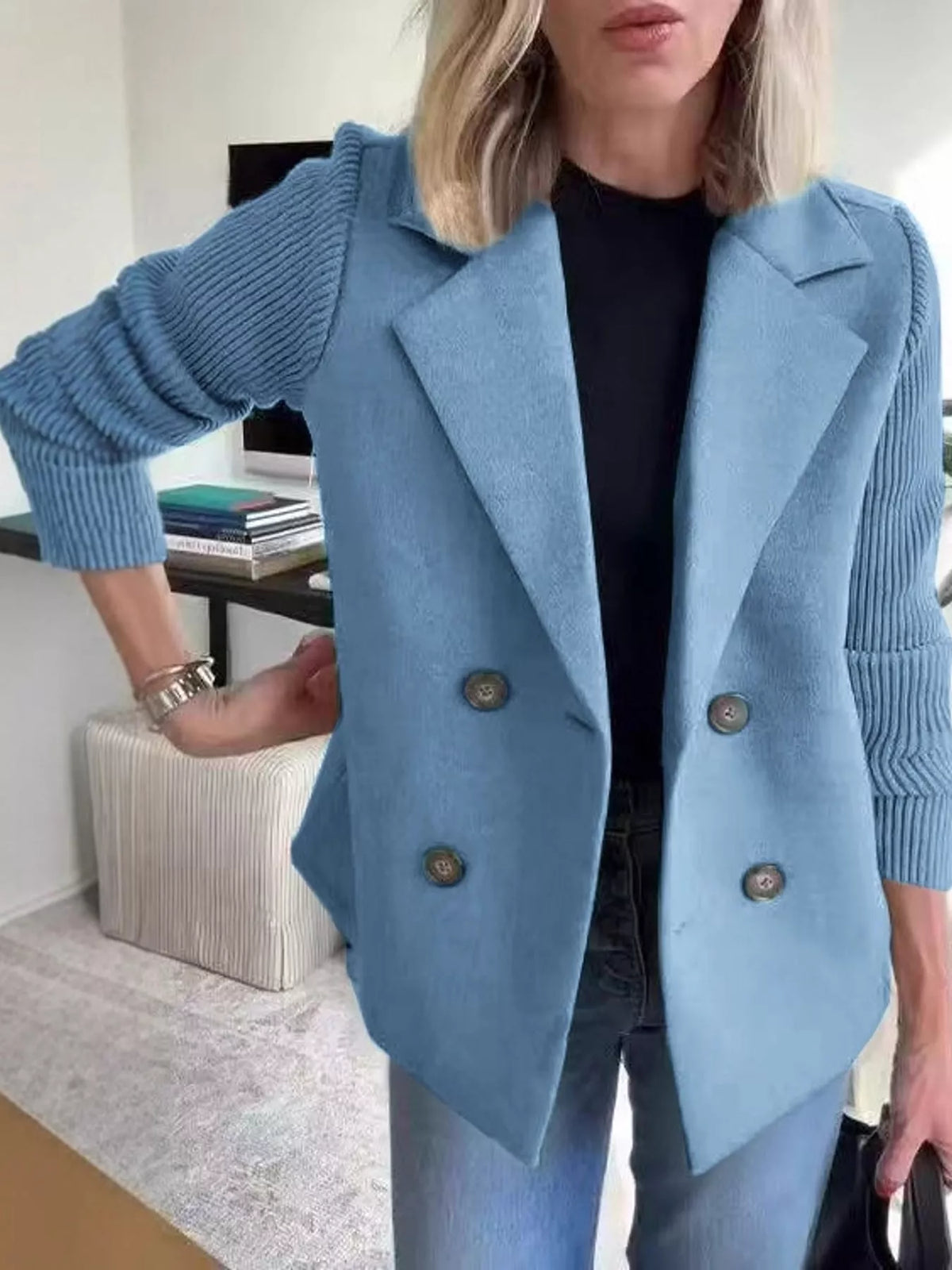 full size double-breasted hybrid blazer with ribbed | dropsona - neutral - material texture