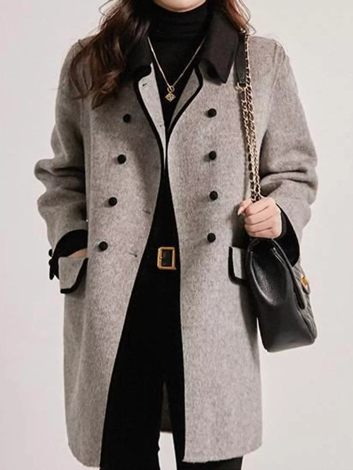 plus size double-breasted coat with contrast trim | dropsona - neutral - front view