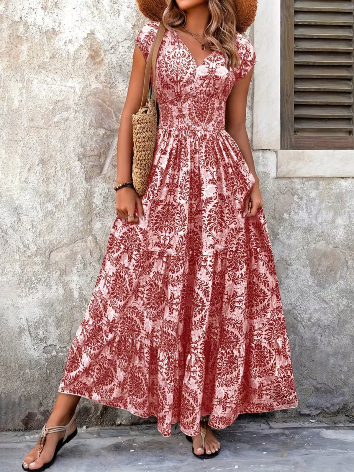 printed cap sleeve maxi dress – tiered,smocked | dropsona - neutral - material texture