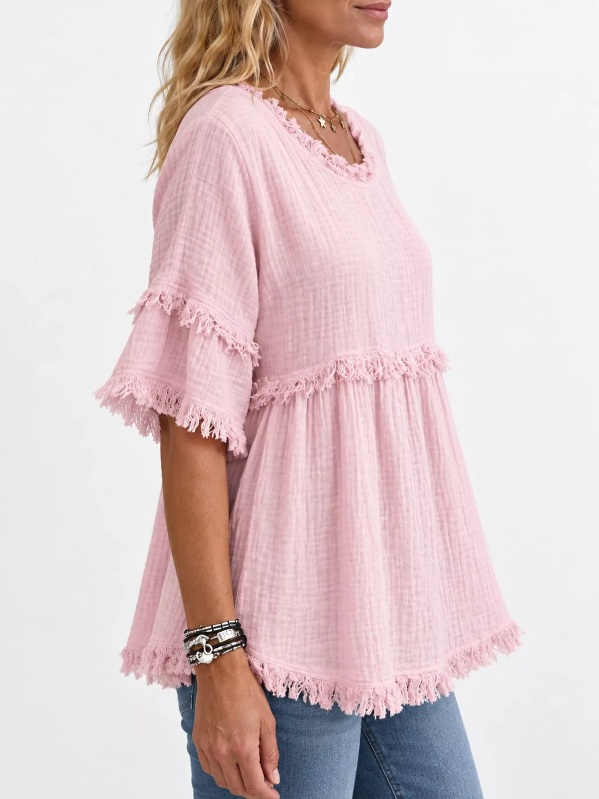 full size frayed edge textured blouse plus | dropsona - neutral - packaging