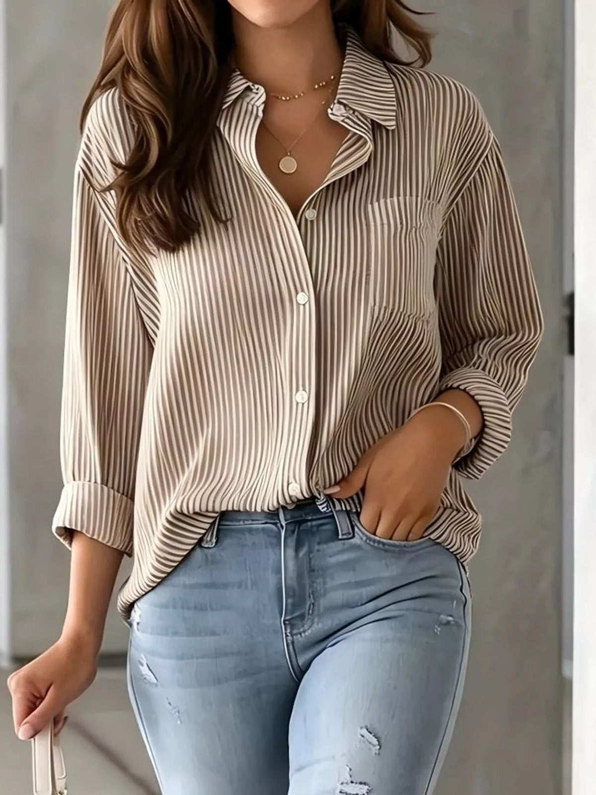 full size striped button-down long sleeve shirt plus | dropsona - neutral - close-up detail