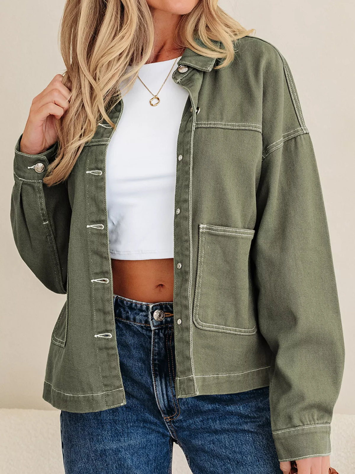 patched pocket collared button front boyfriend denim jacket - material texture