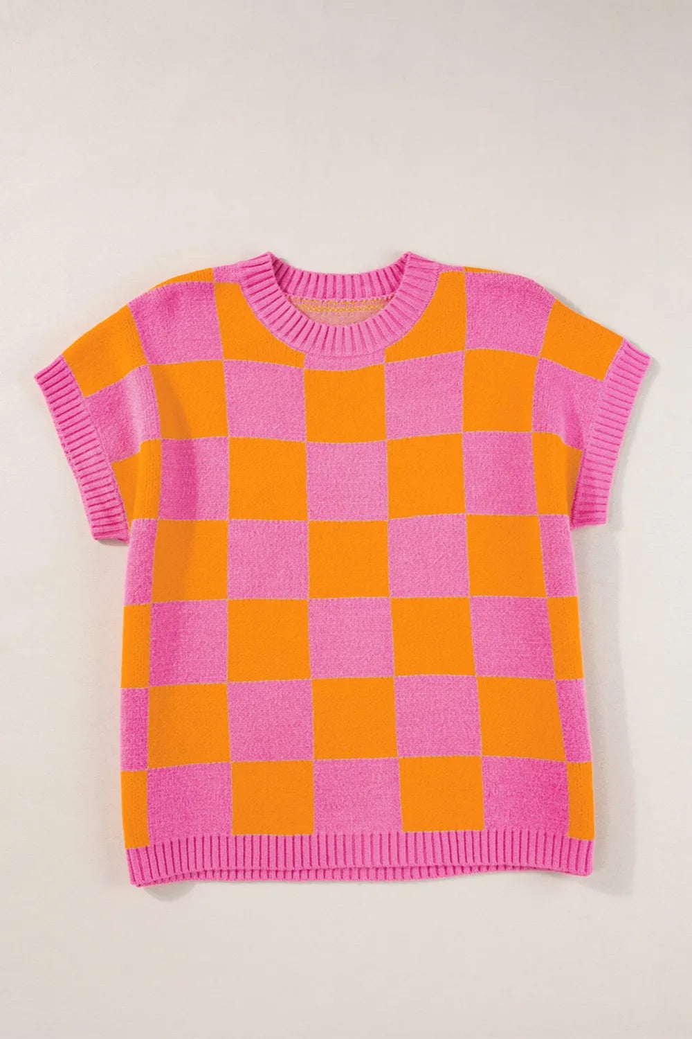 checkered round neck short sleeve sweater | dropsona - neutral - size reference