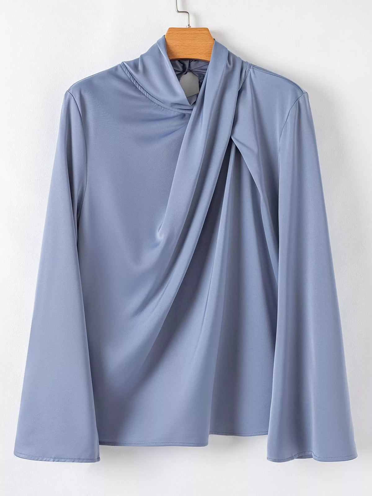 satin mock neck blouse – twisted,asymmetrical fit | dropsona - neutral - size reference