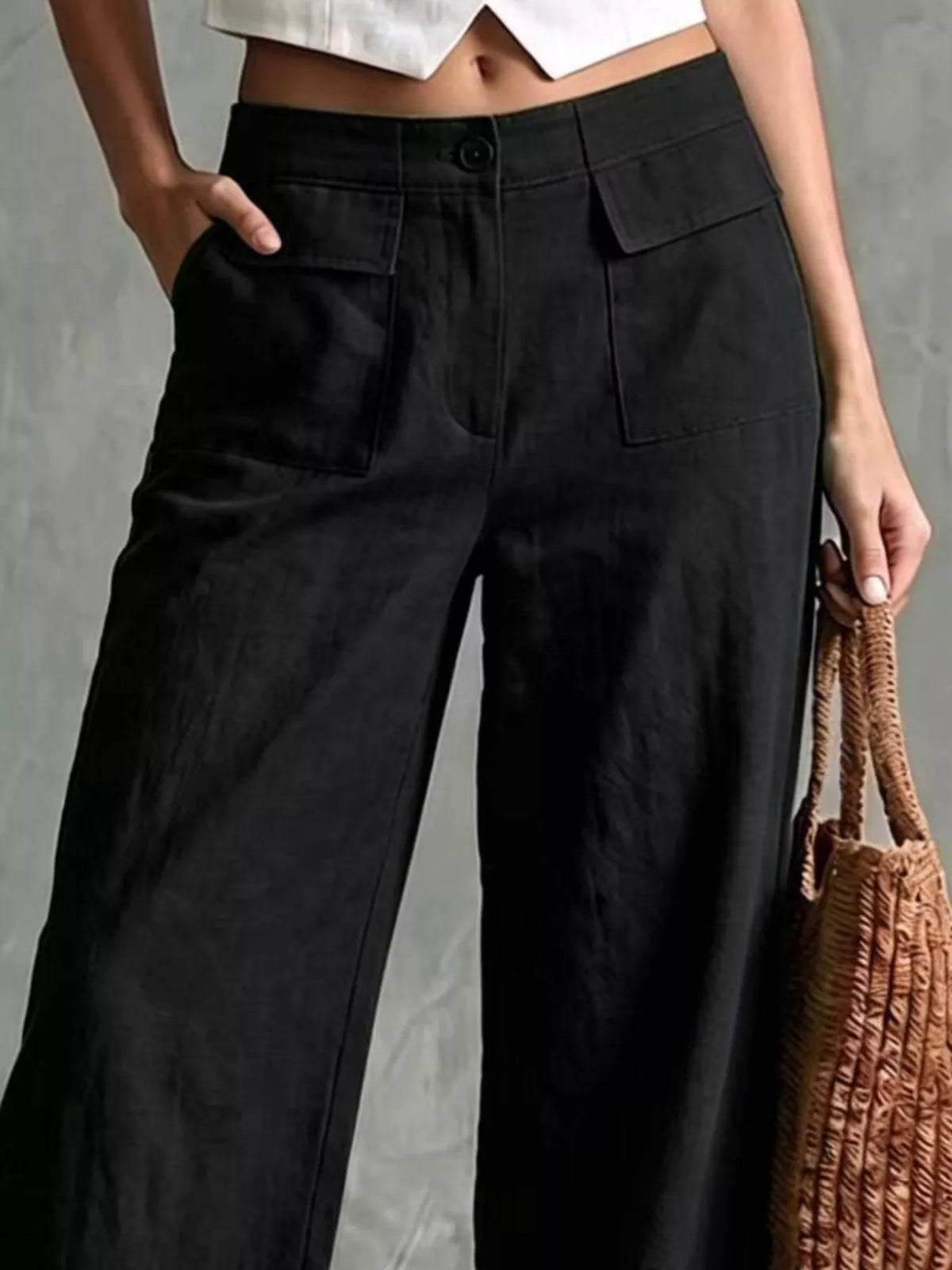 full size high-waisted wide-leg cargo pants plus | dropsona - neutral - front view