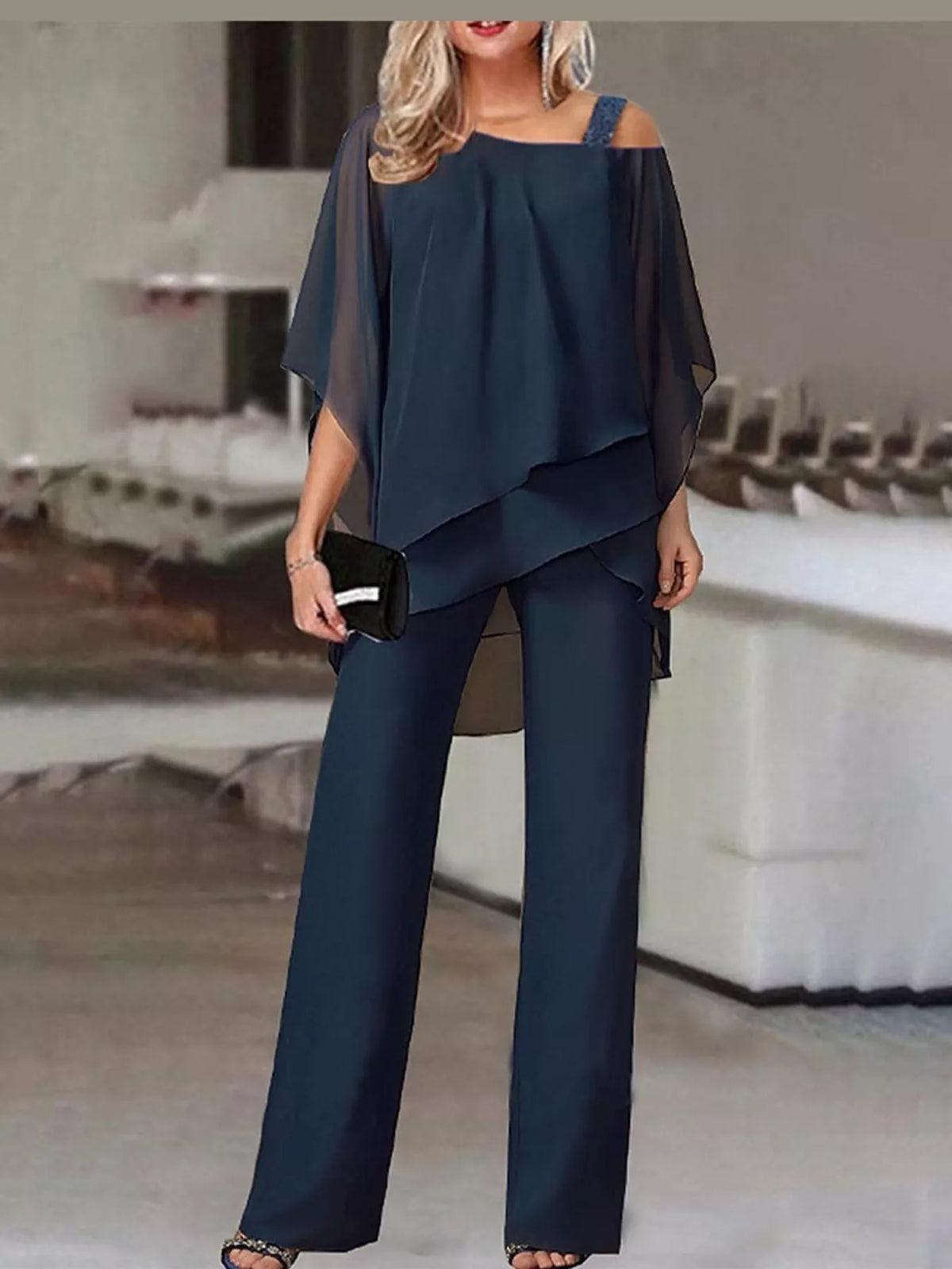 full size cold-shoulder layered top and wide-leg | dropsona - neutral - close-up detail