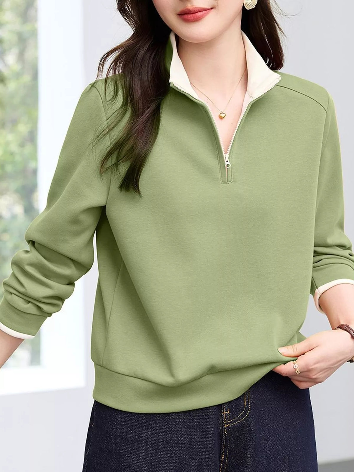 plus size quarter-zip sweatshirt with contrast collar | dropsona - neutral - everyday use