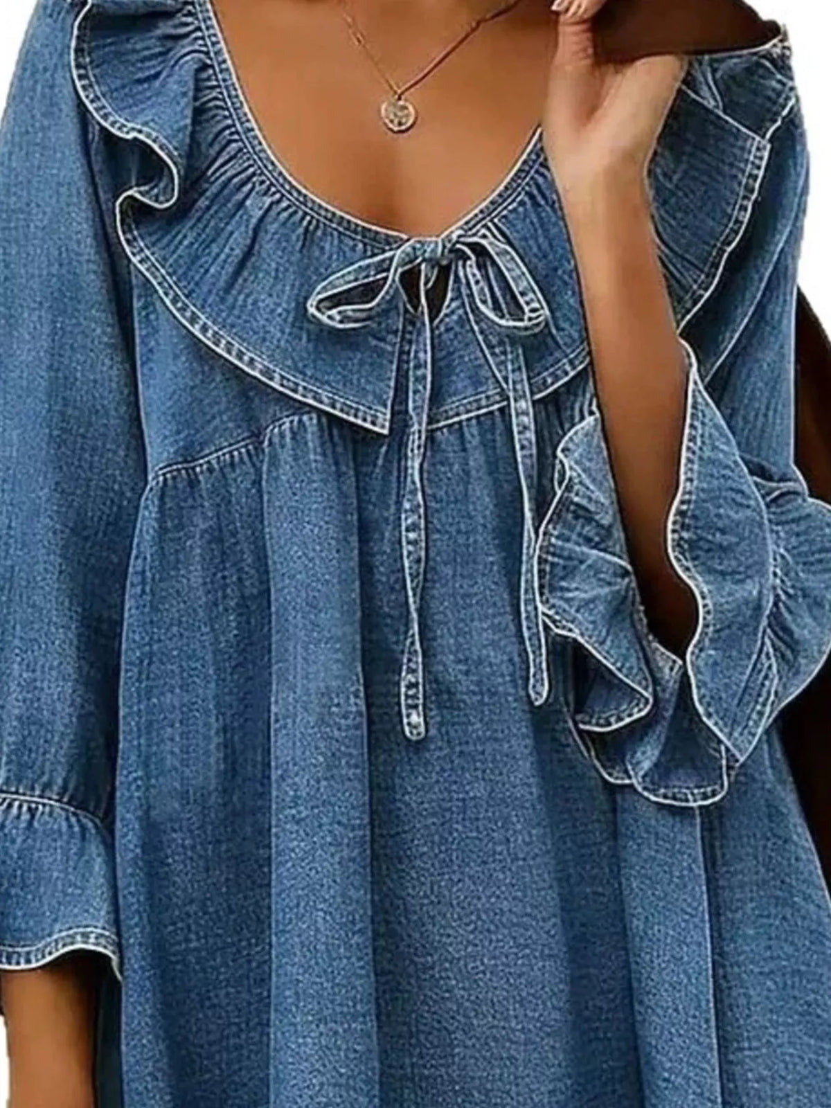 full size ruffled v-neck denim top with tie-front | dropsona - neutral - close-up detail