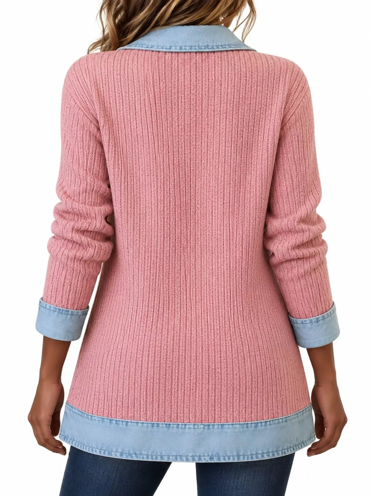 full size denim trim ribbed knit cardigan plus | dropsona - neutral - close-up detail