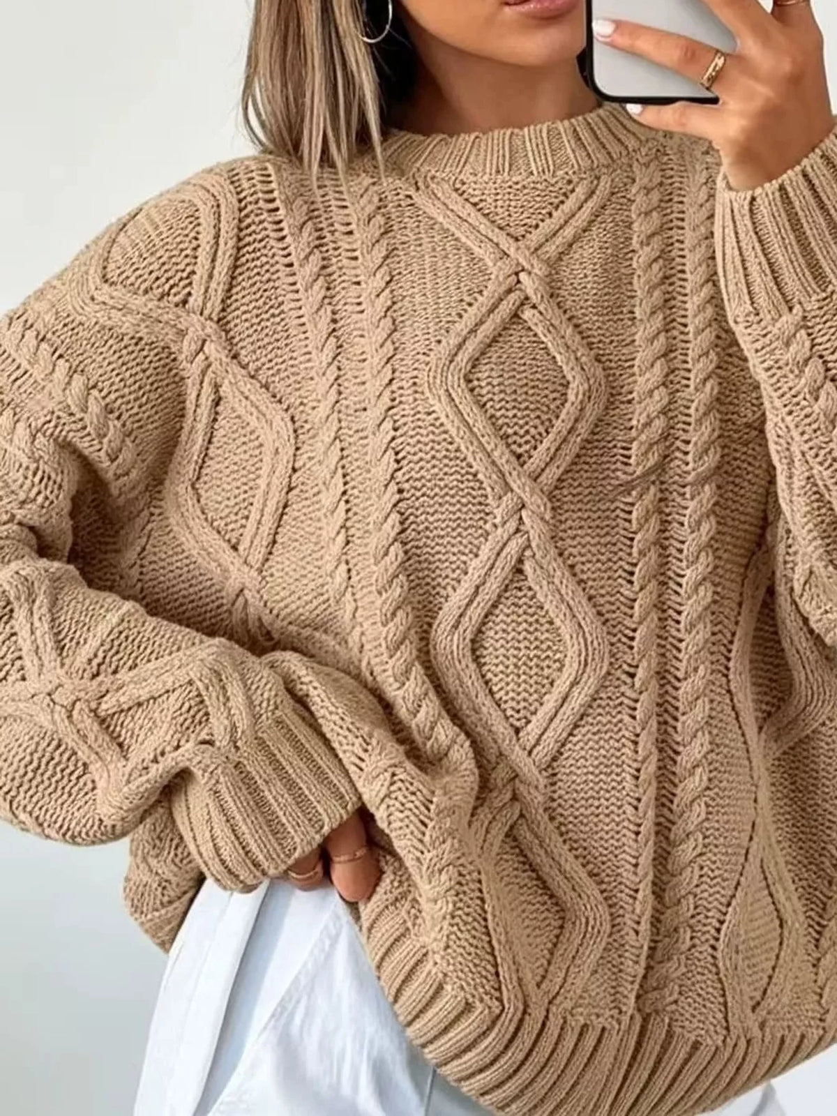 full size cable-knit round neck sweater plus | dropsona - neutral - size reference