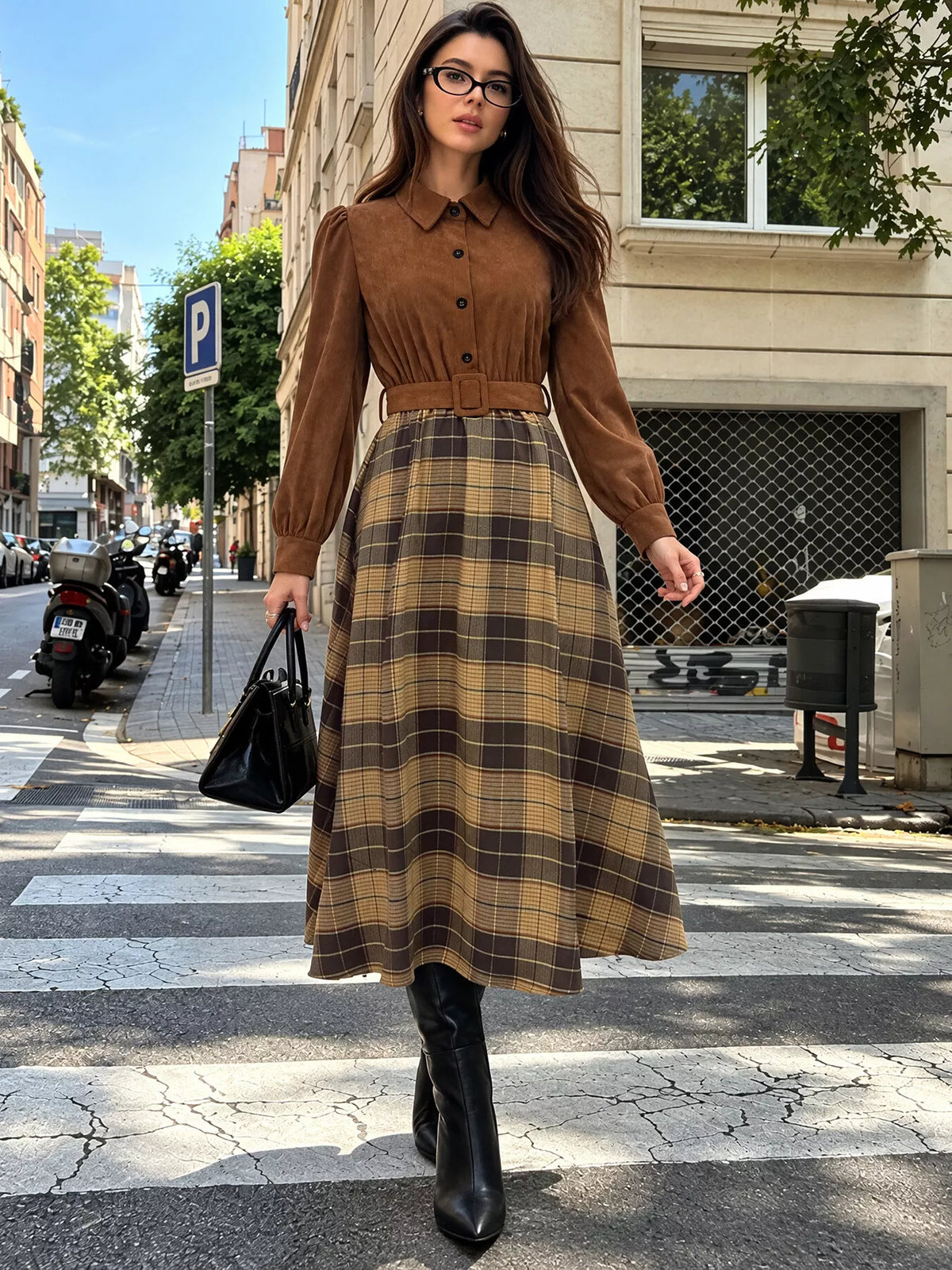 corduroy patchwork plaid midi dress – buttoned,belted | dropsona - neutral - front view
