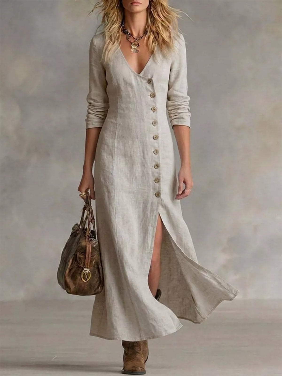 full size button front slit maxi dress plus | dropsona - neutral - material texture