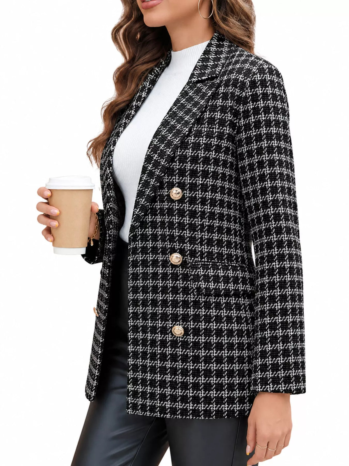 plaid double-breasted blazer | dropsona polyester - neutral - front view