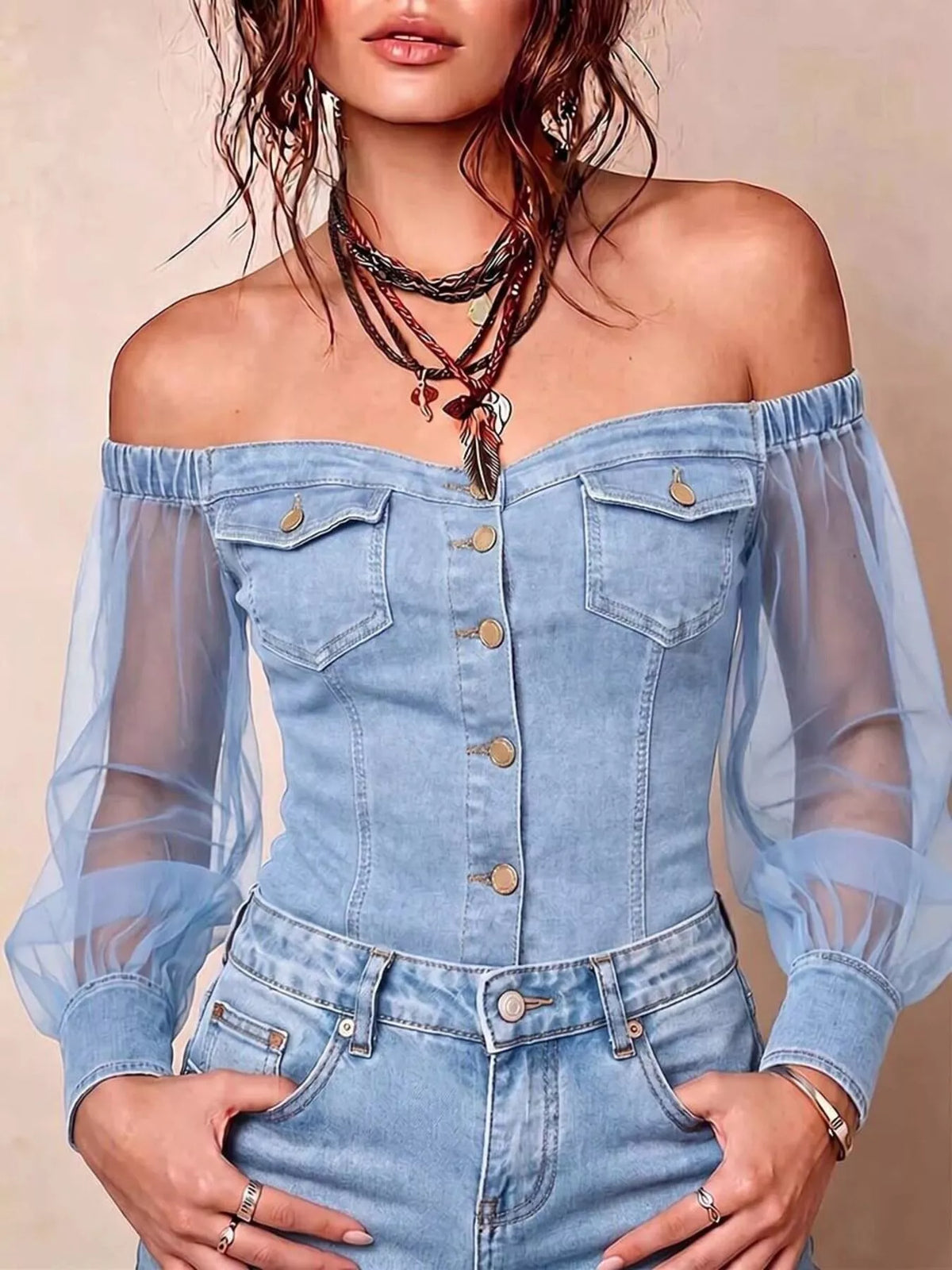 full size off-shoulder sheer sleeve denim top plus | dropsona - neutral - close-up detail