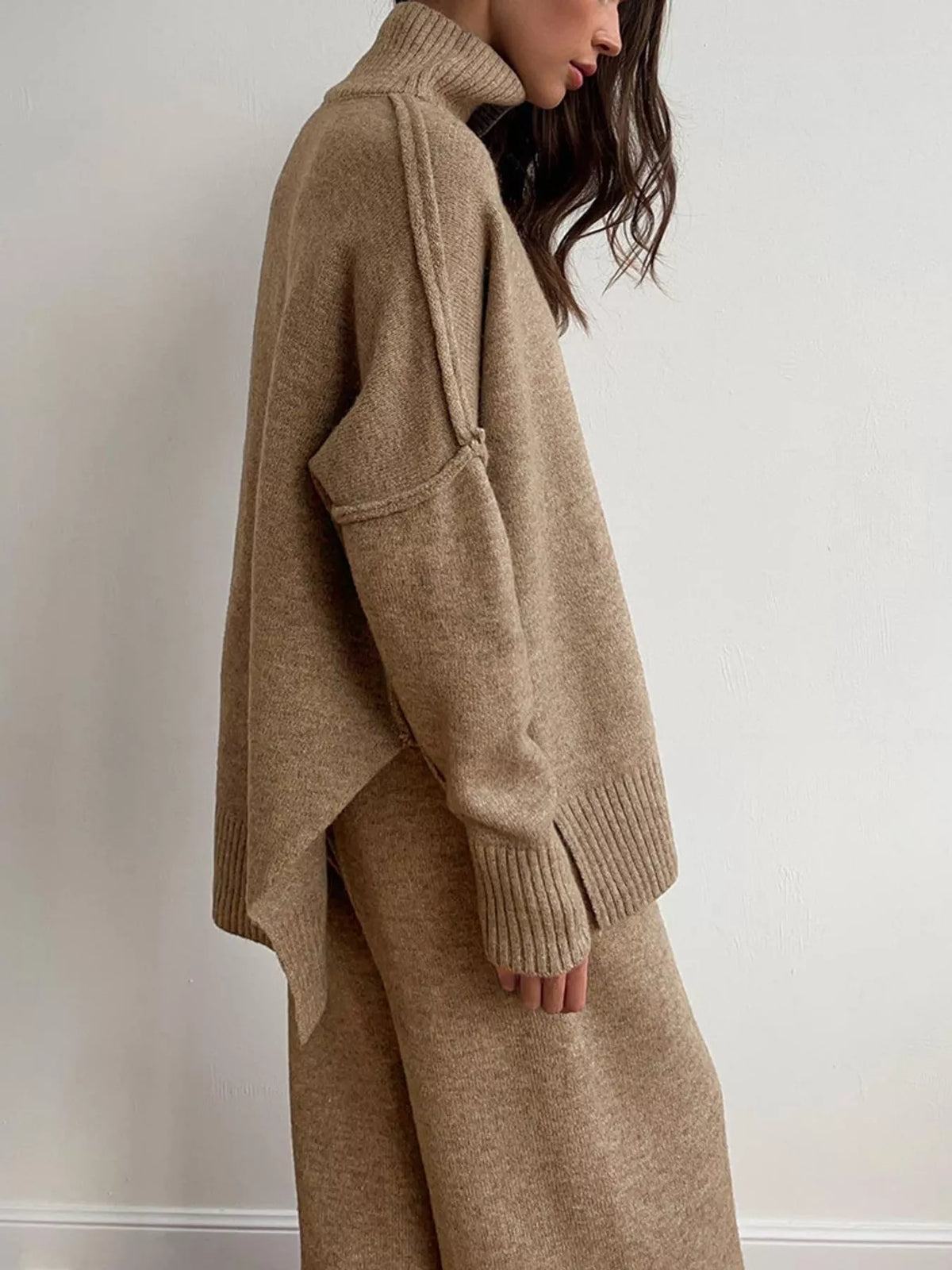 full size oversized turtleneck knit top and wide-leg | dropsona - neutral - close-up detail