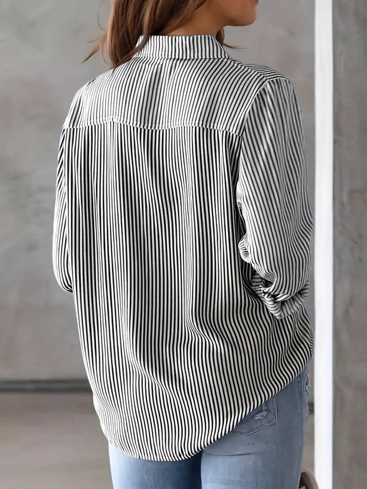 full size striped button-down long sleeve shirt plus | dropsona - neutral - size reference