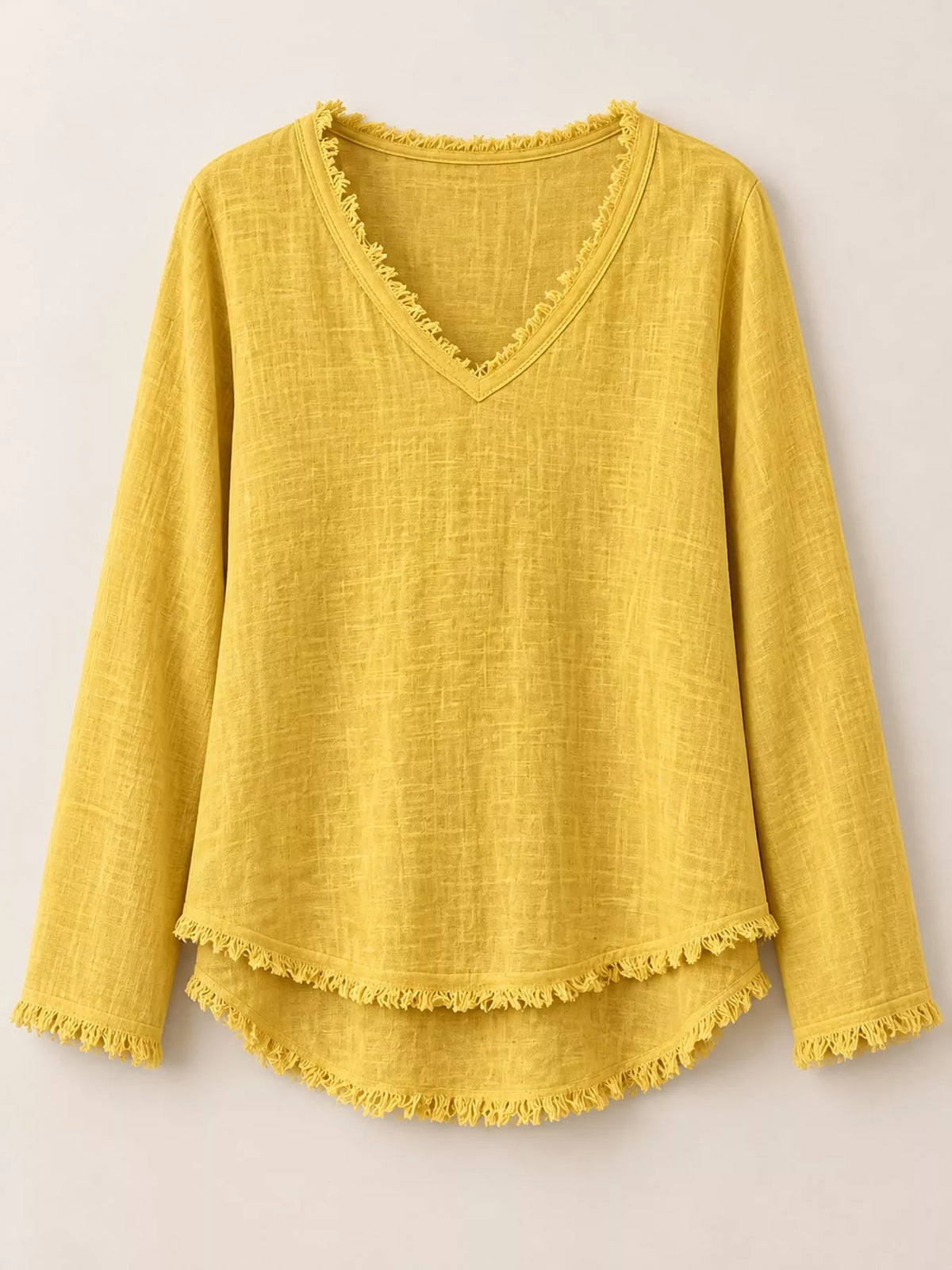 full size frayed hem v-neck blouse plus | dropsona - neutral - close-up detail