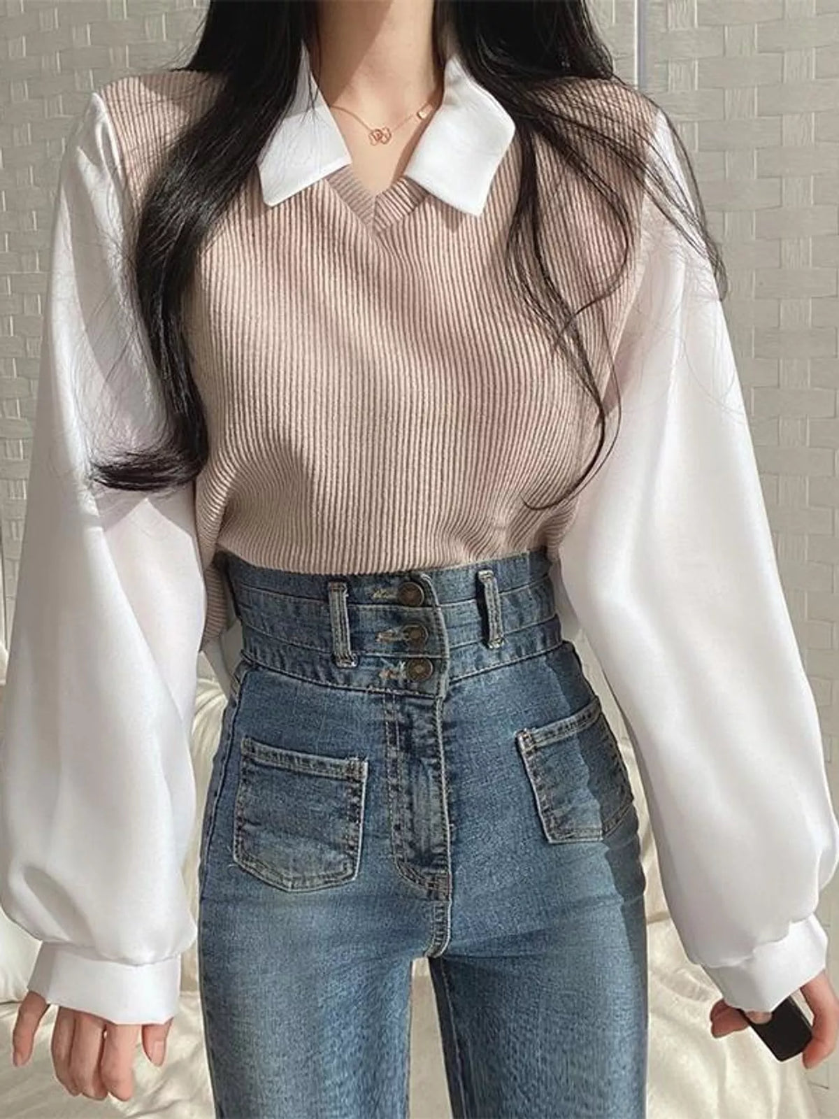 layered look long sleeve blouse – layered,ribbed fit | dropsona - neutral - front view