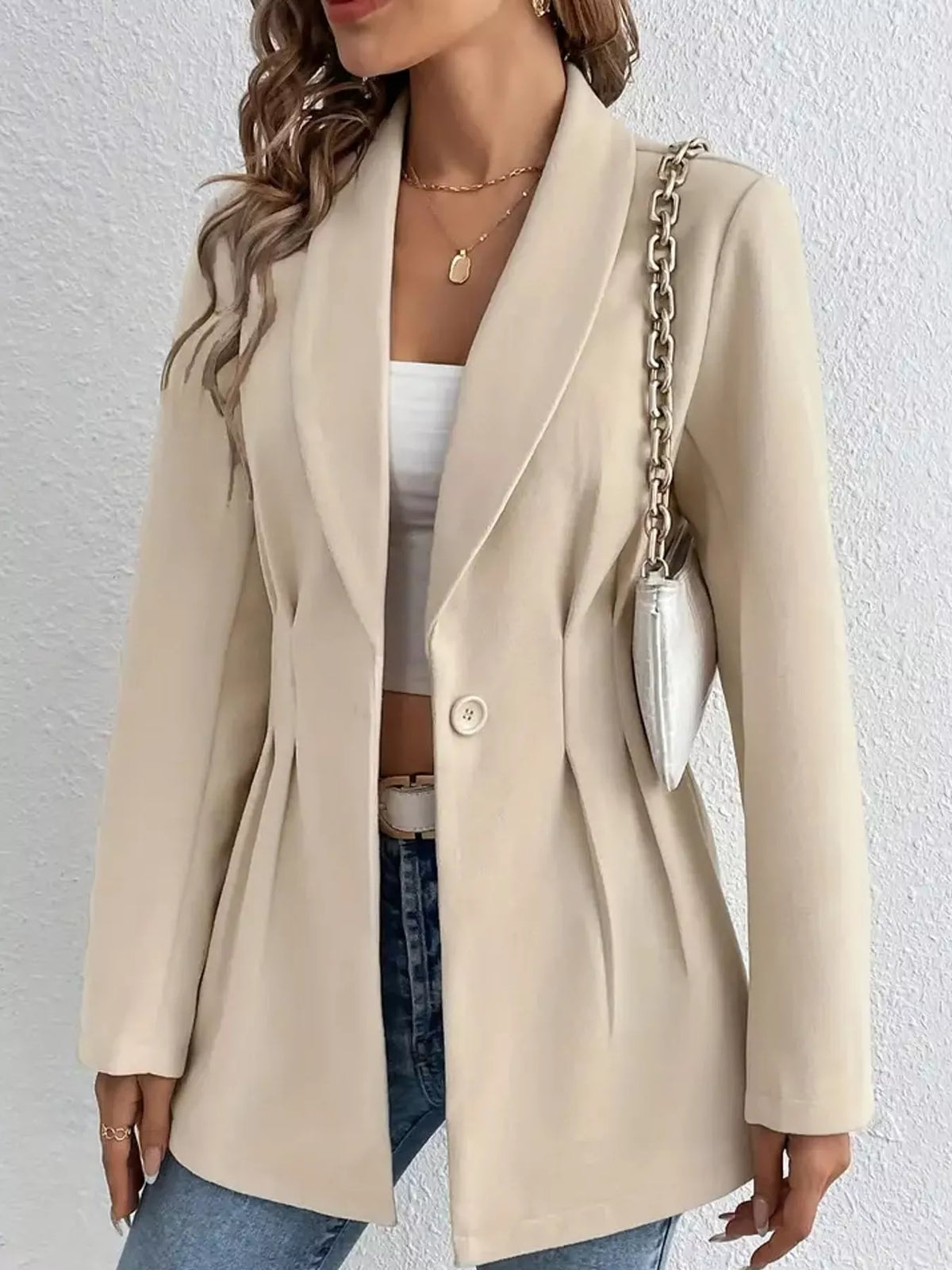 single-button shawl collar blazer | dropsona - neutral - close-up detail