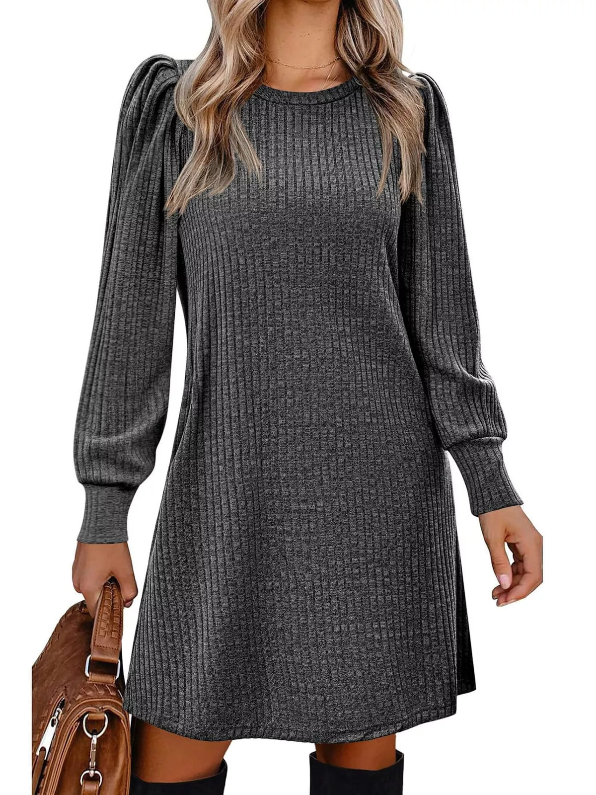 puff sleeve ribbed knit dress with pockets | dropsona - neutral - front view