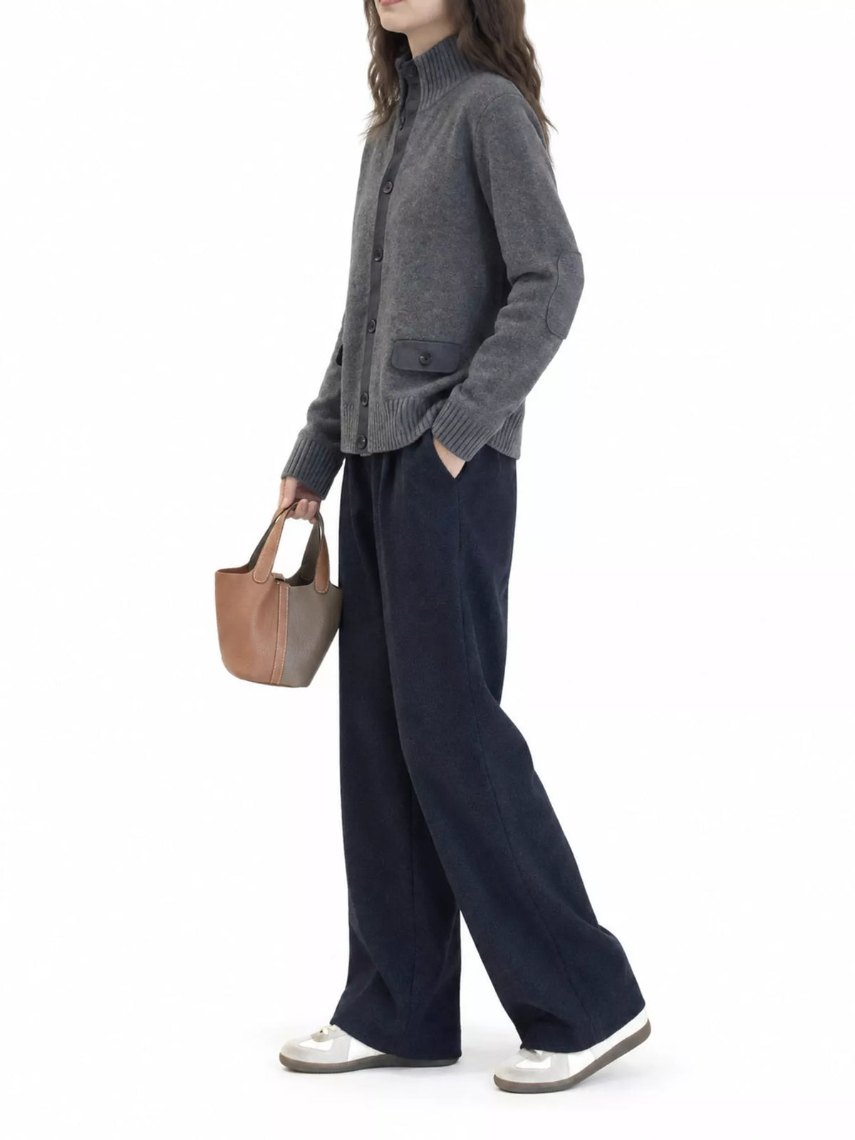 ribbed-knit mock neck cardigan – buttoned,pocketed fit | dropsona - neutral - close-up detail