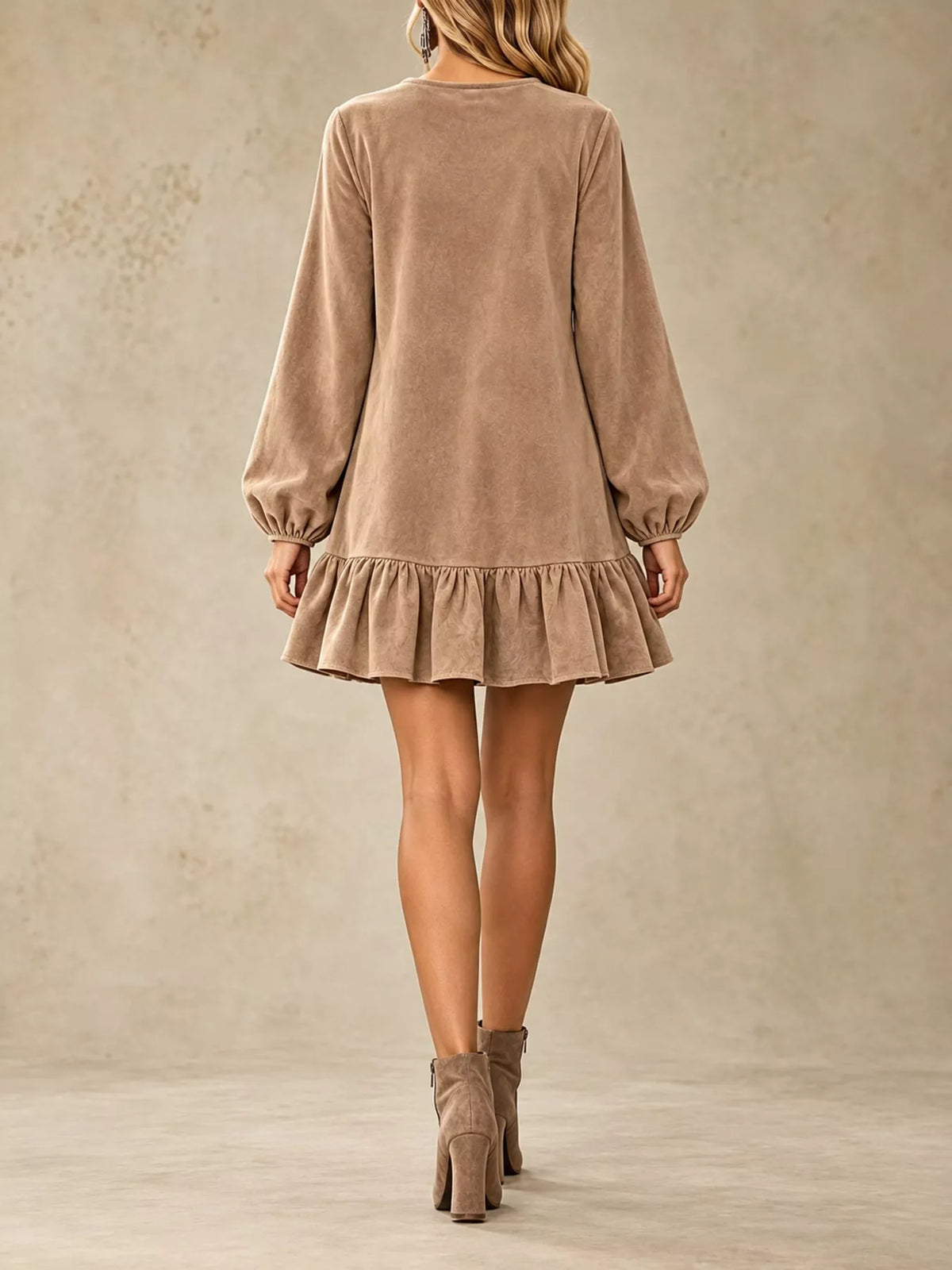 quarter-zip ruffle hem mini dress | dropsona - neutral - packaging
