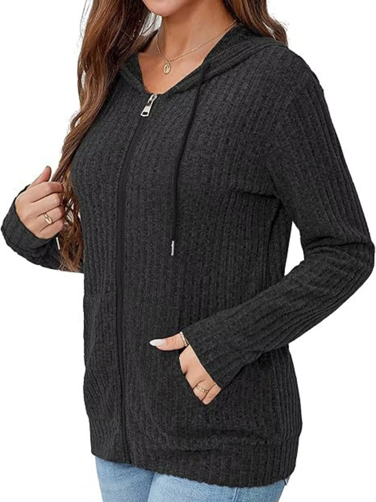 ribbed knit zip-up hooded cardigan | dropsona - neutral - close-up detail