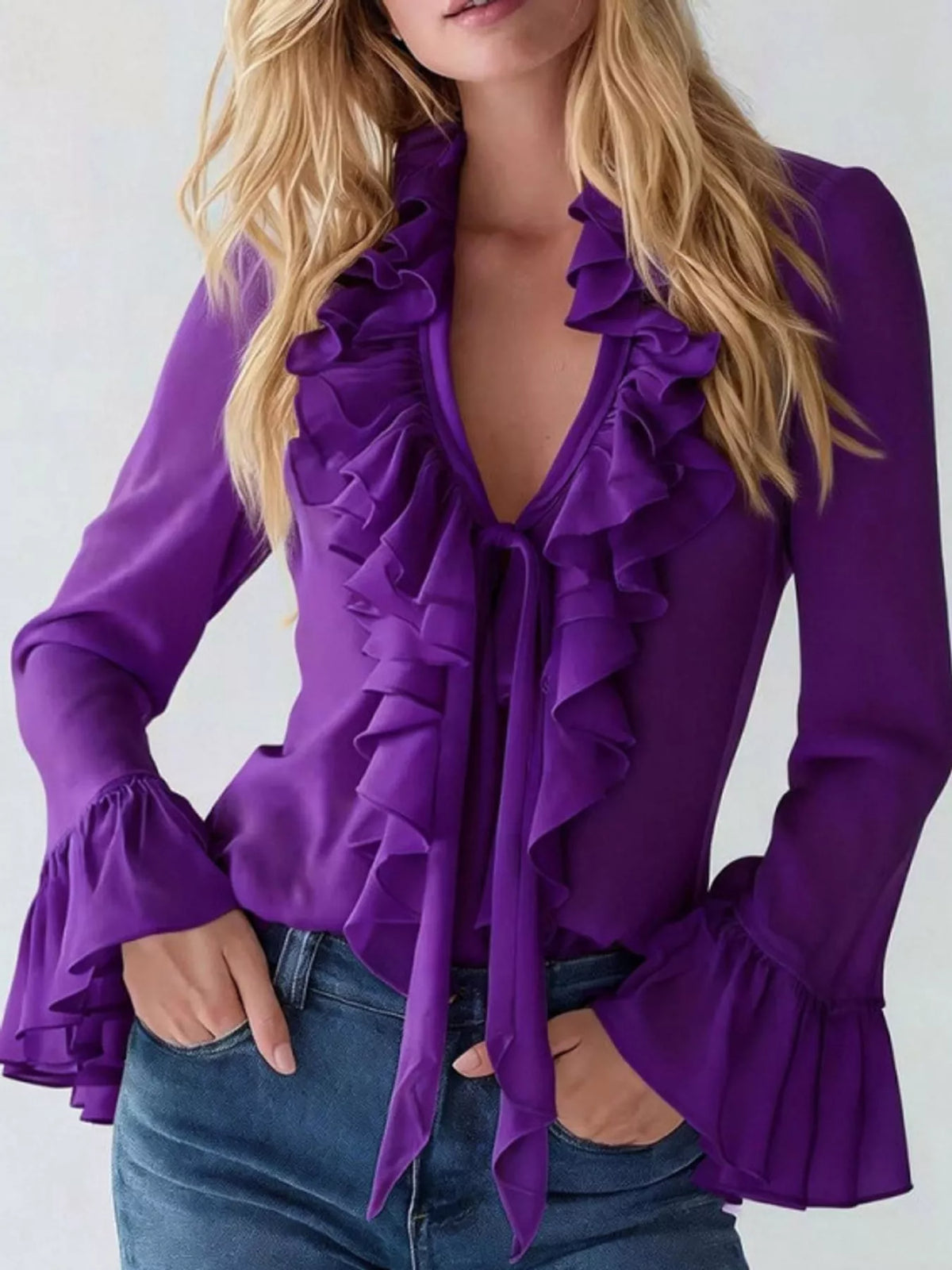 ruffled v-neck blouse with bell sleeves | dropsona - neutral - material texture