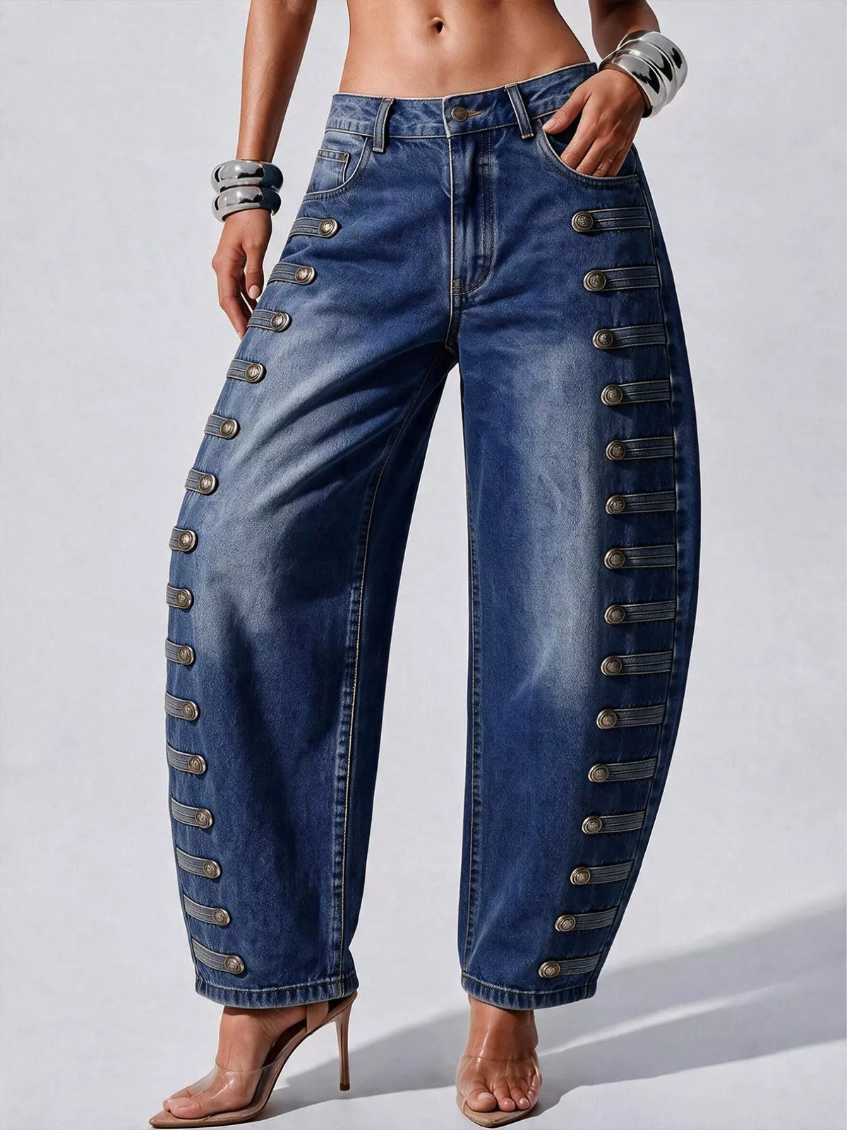 decorative button wide leg jeans – buttoned,pocketed | dropsona - neutral - size reference