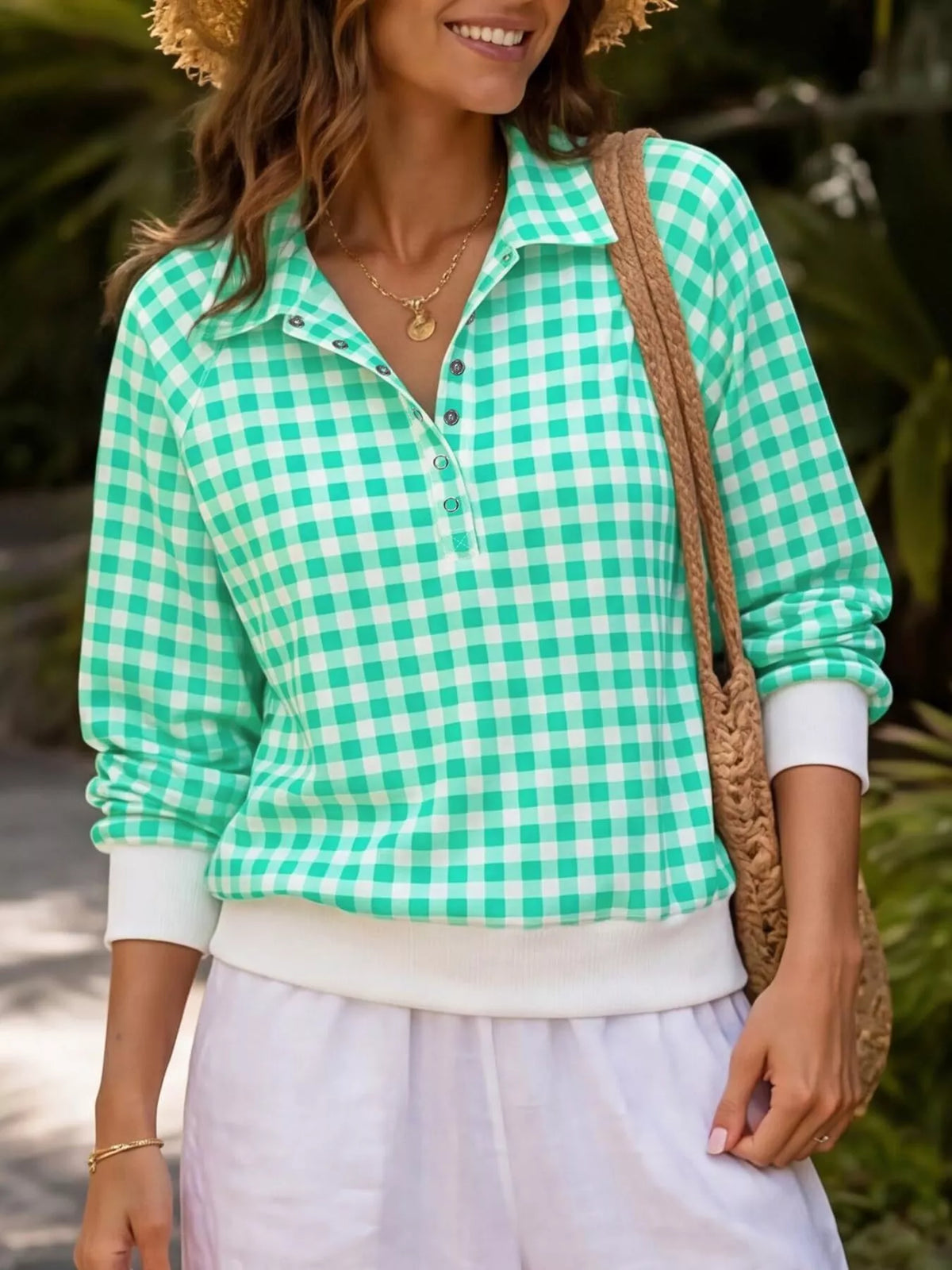 gingham plaid collared sweatshirt with ribbed hem | dropsona - neutral - material texture