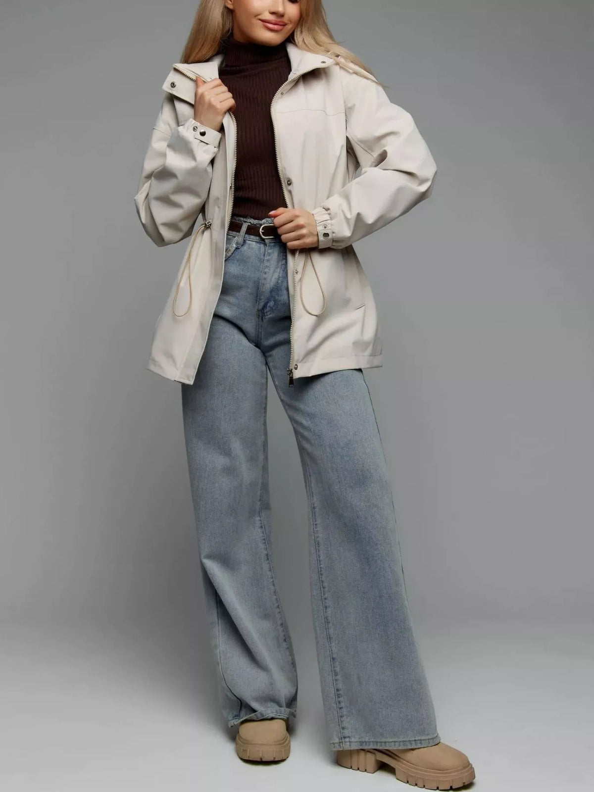 hooded windbreaker jacket with drawstring waist | dropsona - neutral - front view