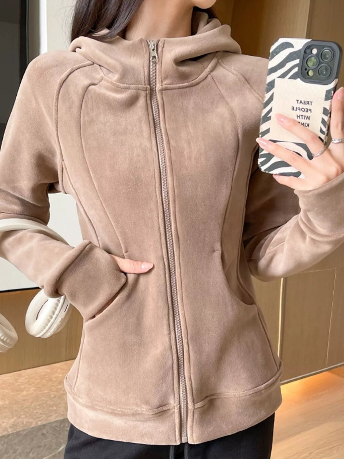 slim-fit full-zip thumb hole long sleeve hoodie with | dropsona - neutral - front view