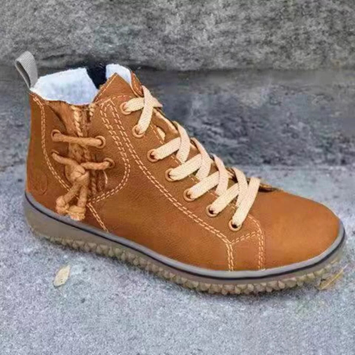 faux suede lace-up ankle boots with warm fleece lining | dropsona - neutral - packaging