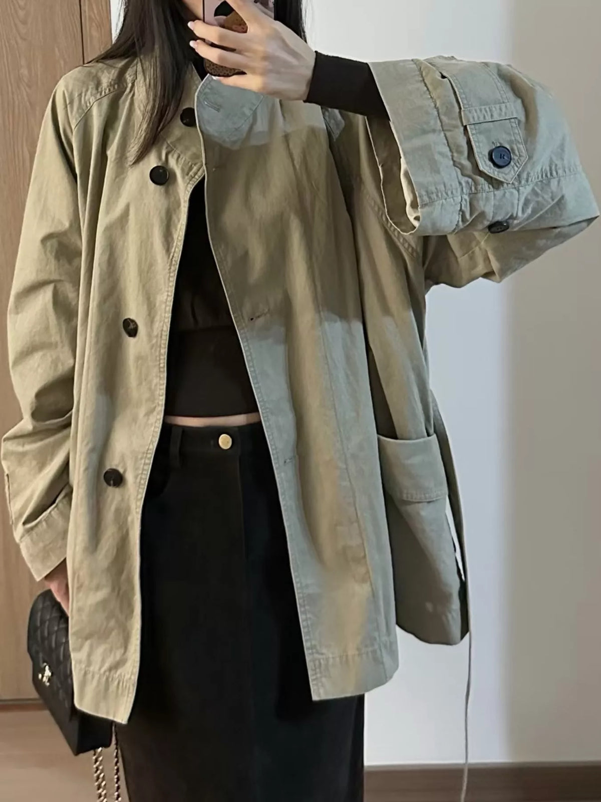 vintage style stand-collar belted utility jacket | dropsona - neutral - usage example